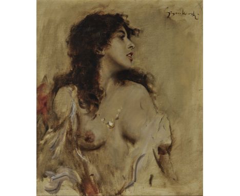 Boleslav von Szankowski1873 Warschau - 1953 TegernseeWeiblicher HalbaktR. o. signiert. Öl auf Lwd. 65,5 x 55,5 cm. Rahmen min