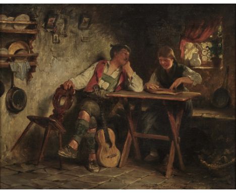 Hugo Kauffmann1844 Hamburg - 1915 Prien am ChiemseeBursch, einem Mädel beim Zitherspiel lauschendM. u. signiert. Öl auf Holz.