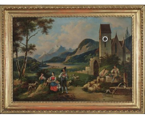 Bilderuhr "Hirtenidyll im Berchtesgadener Land"Süddeutsch, 1. Drittel 19. Jh. Öl auf Metall. Vergoldeter Holzrahmen mit Eiers