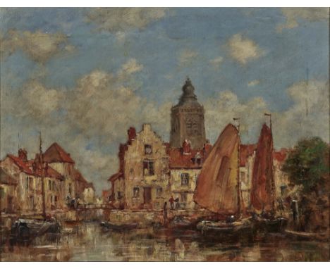 Jacobus Hendricus Maris1837 Den Haag - 1899 KarlsbadBoote in niederländischer StadtR. u. signiert. Öl auf Lwd. 36 x 46 cm. Do