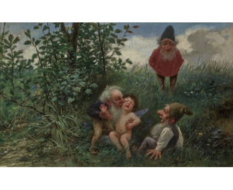 Oskar Herrfurth1862 Merseburg - 1934 Weimar (?)Zwerge mit kleiner ElfeR. u. signiert und 1908 datiert. Öl auf Lwd. 28,5 x 48,