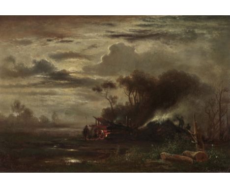 Eduard Schleich d. Ä.1812 Haarbach - 1874 MünchenKöhlerhütte im MondscheinR. u. signiert. Öl auf Lwd. 26 x 37,5 cm. Doubliert