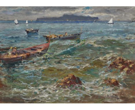 Attilio Pratella1856 Lugo - 1949 NeapelFischerboote vor der KüsteR. u. signiert. Öl auf Holz. 26,5 x 37 cm. Min. besch. Rahme