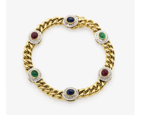 Panzerkettenarmband mit Rubinen, Smaragden, Saphiren und kleinen BrillantenGelb- und Weißgold 18 K (750/-), gestempelt. Ca. 9