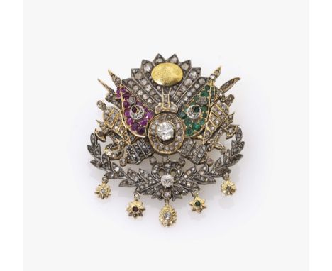 Brosche in Form des Wappens des osmanischen Reiches unter Sultan Abdul Hamid II. (R. 1876-1909)Gelbgold 333/-, getestet und S