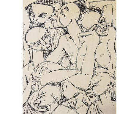 20th century African School, lithograph, group of figures, indistinctly signed, 40cm x 48cm, mountedPaper discolouration and 