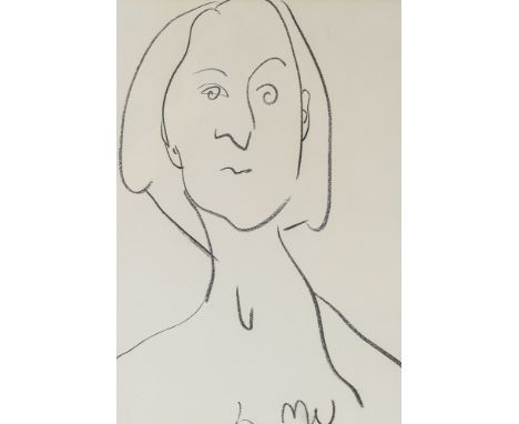 Michael Wilding, charcoal line drawing, portrait, signed with monogram, Exhibition label verso, 35cm x 25cm, framedSlight pap