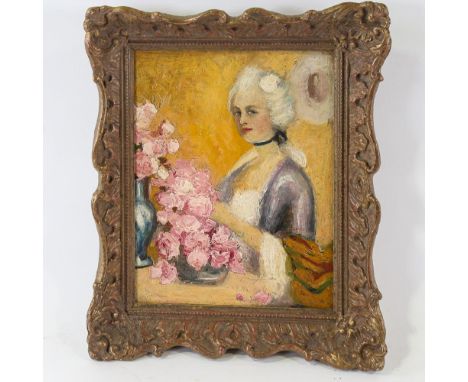19th century oil on canvas, portrait of a woman with flowers, unsigned, 25cm x 19cm, framedVery good condition 
