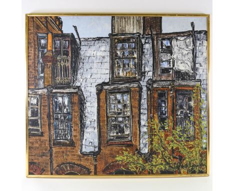 Noel Gibson, mid-20th century oil on board, windows in Stepney, signed with original artist's label verso, 87cm x 98cm, frame