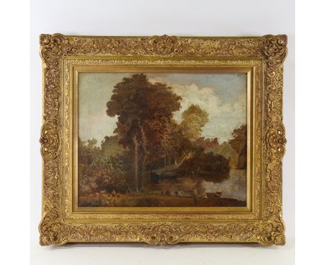 19th century oil on canvas, country scene, unsigned, 41cm x 51cm, framed1 small patch repair with small area of overpainting 