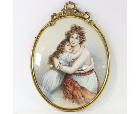 19th century watercolour, Classical portrait, woman and child, unsigned, gilt-brass frame with convex glass, image 40cm x 33c