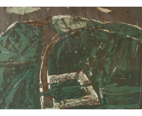 Elizabeth Blackadder, colour lithograph, abstract, signed and dated '63, no. 22/50, image 52cm x 69cmLarge tear in the top ce