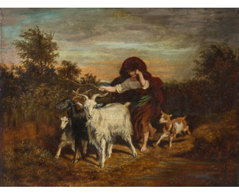 19th century oil on canvas, young goat herd, indistinctly signed, dated 1827, 36cm x 46cm, unframed1 tiny patch repair, not r