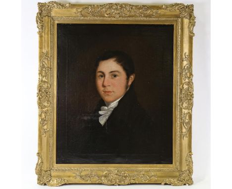 19th century oil on canvas, portrait of John Merryfield (1789 - 1877), unsigned, with further information and labels verso, 6