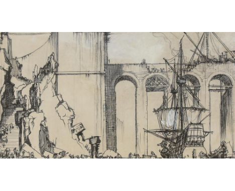 Frank Brangwyn RA (1867 - 1956), pen and ink sketch heightened with watercolour, study for the bridge of empire, 38cm x 64cm,