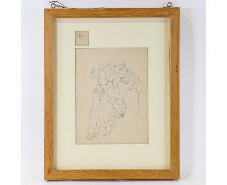 Stanley Spencer, double-sided sheet of pencil/watercolour sketches, group of figures with an umbrella, 25cm x 19cm, with moun