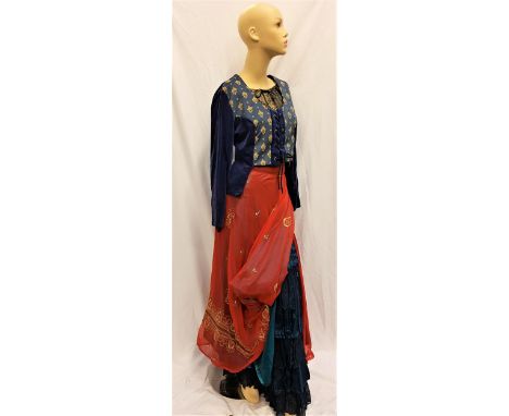 ELLA ENCHANTED (2004) - FOUR PIECE OUTFIT comprising a navy blue velvet and patterned jacket designed by Maribou, with a fron