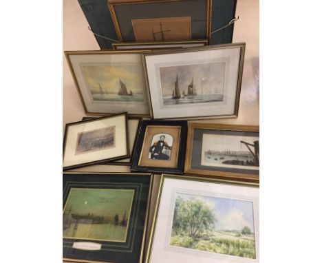 A quantity of pictures to inc 19th century topography prints, seascape watercolours, portrait miniature etc 