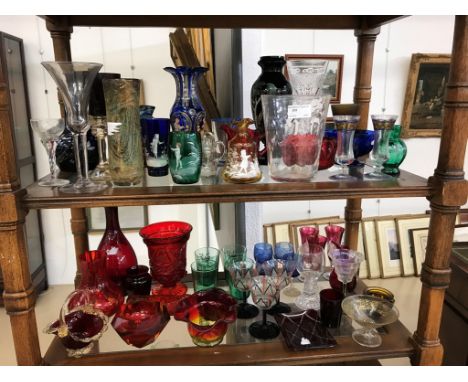 A quantity of cranberry, ruby and various coloured glass items; together with a box of assorted glass
