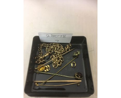 A 9ct Albert chain, loose links, bar brooch and stick pins