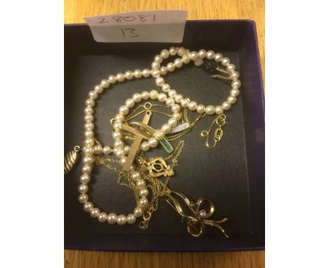 A gold necklace; together with an emerald and diamond pendant, pearls, crucifix and brooch