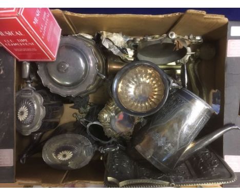 A quantity of EPNS and brass to inc a tea service, biscuit barrel, crib board etc