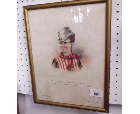 D Moore watercolour portrait of Dickens character Sam Weller from Pickwick Papers, signed and dated 1928 inscribed 'we eats o