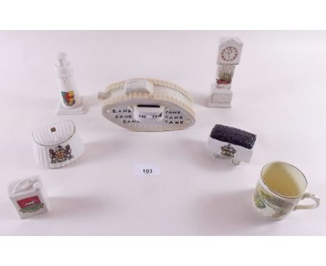 A small group of crested items including Goss Tinworth lighthouse