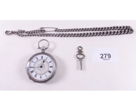 A white metal fob watch with engraved decoration and key and a silver fob chain -  (chain 22g)