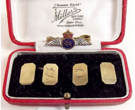 A pair of 9 carat gold cufflinks and a RAF badge