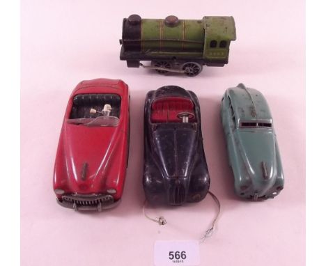 Three Schuco tin plate cars and a Chad Valley railway engine 