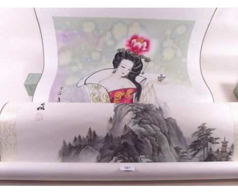 A pair of Chinese watercolour scroll pictures - boxed