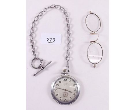 A silver plated pocket watch, a silver fob chain and a pair of gold spectacles 