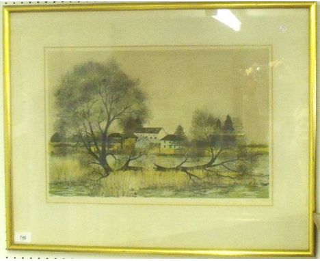 Jeremy King original lithograph - 'Willows' artists proof signed in pencil, gallery label to back - 30 x 46 cm