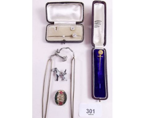 A 15 carat diamond set tie pin with interchangeable top and an 18 carat gold tie pin - both cased plus a pair of Victorian ha