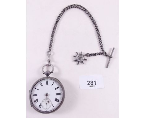 A silver pocket watch with seconds dial and a silver fob chain with silver compass fob - chain and fob approx 30g