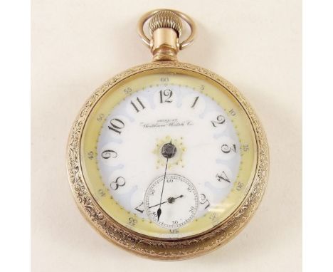 A gold plated 19th century Waltham pocket watch, the enamel dial with blue and yellow border 