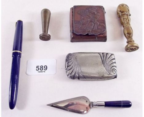 A box of small collectables including inkpen, trowel bookmark etc