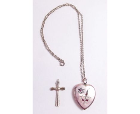 A 9 carat gold front and back locket engraved floral design set red and white stones on 9 carat gold chain - total weight 9g 