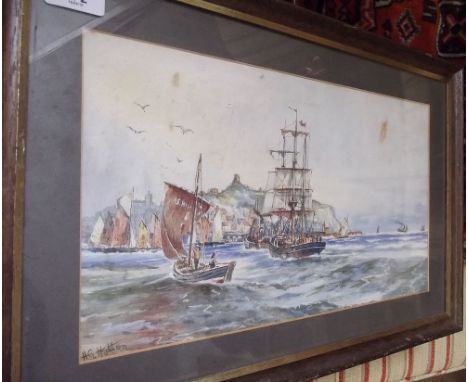 H G Hutton - watercolour Shipping off Scarborough Head - 22 x 38 cm