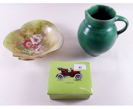 A 1930's C H Brannam jug, a Royal Winton dish signed 'B Austin' and a Grays pottery trinket box 