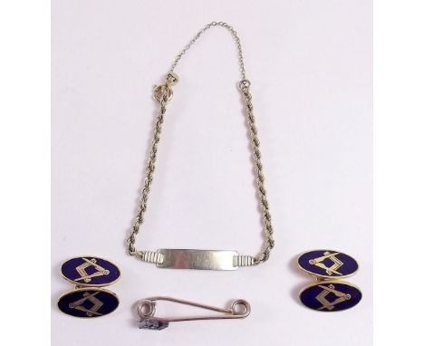 A gold tie pin (unmarked) , a pair of masonic cufflinks and bracelet - total weight 14g