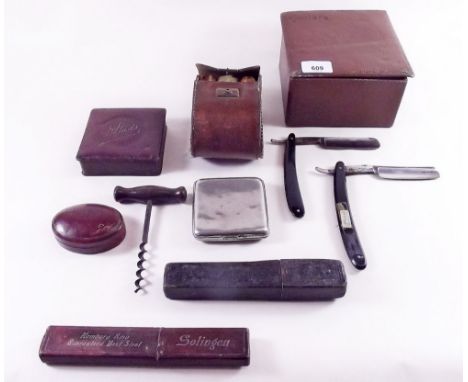 A collar box, corkscrew and two cut throat razors etc
