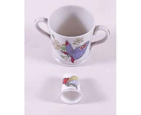 A Royal Worcester miniature loving cup painted butterfly and flies date code 1908 and a hand painted thimble