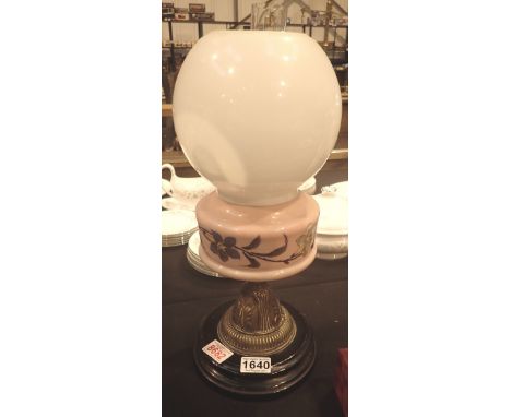 Victorian hand painted pink glass and brass oil lamp, lacking burner