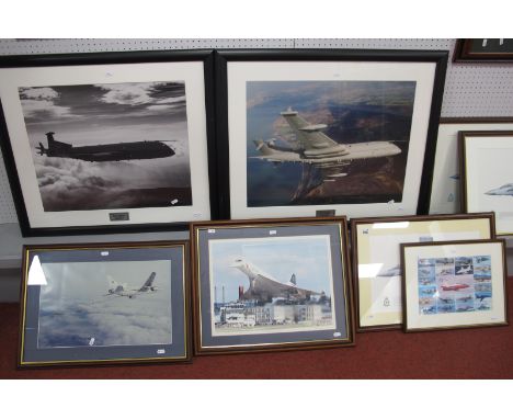 Eight Framed Prints Mostly With a Military Aviation Theme, to include a black and white image of a Nimrod, MRA4 Woodford, Con