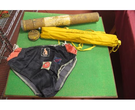 WWII British RAF 'Gibson Girl' Rescue Aerial Box Kite, with original labelled metal canister. Plus a pair of Army boxing shor