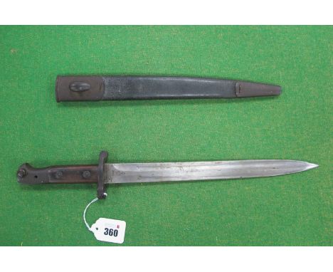 British Army Pattern 1903 Sword Bayonet, with various stamps on ricasso and leather scabbard.