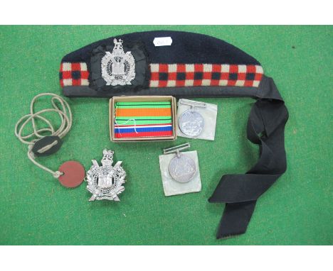 WWII Kings Own Scottish Borderers (KOSB) Glengarry Hat, with two cap badges, WWII Defence and Victory Medals with ribbons in 