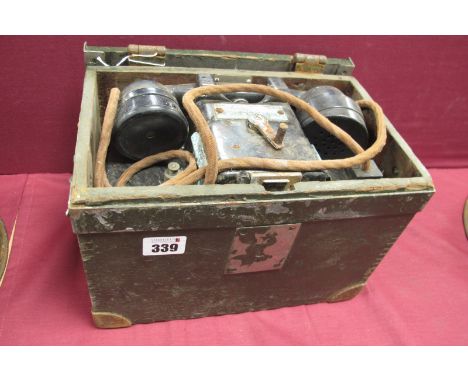 A WWII Cased Type F Field Telephone, the case complete with instructional panel.